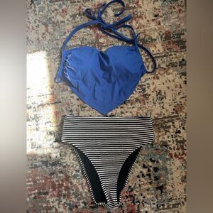 Aerie Blue Bikini Top with Black and White Striped Bottom-NWOT
